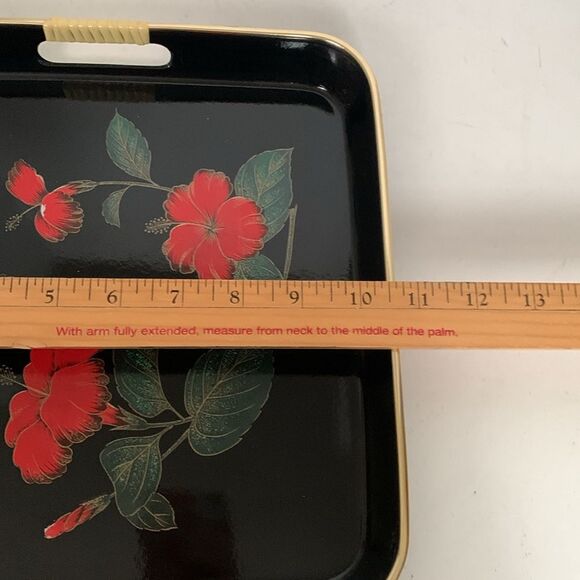 Vintage Black Lacquerware Style Hummingbird Red Hibiscus Plastic Serving Tray - Picture 8 of 9